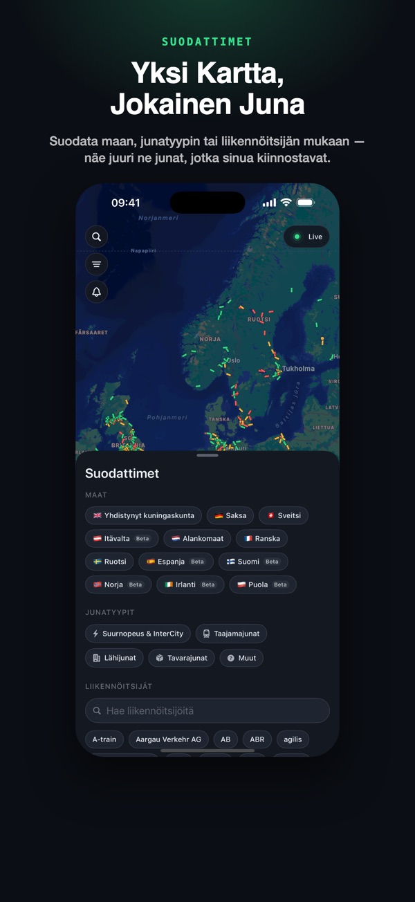Suodattimet: junatyypin tai liikennöitsijän mukaan